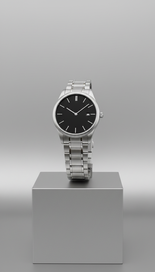 Platinum Silver Black Dial Timepiece