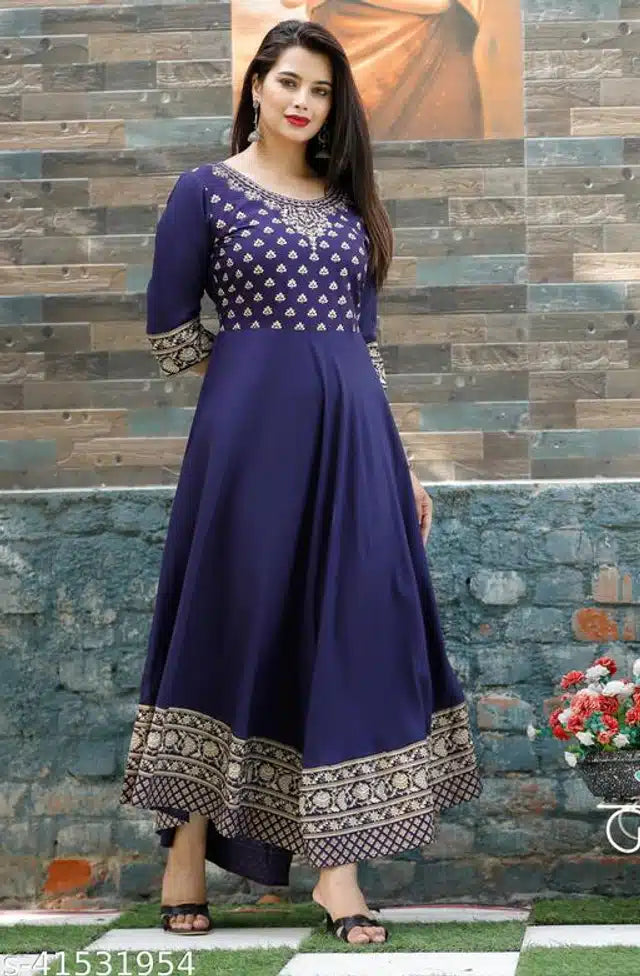 HyprFLOW™ Rayon Printed Anarkali Kurti — Blue | Women's Luxury Ethnic Wear