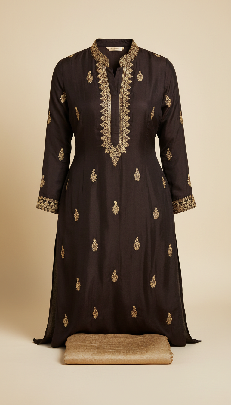 Deep espresso tailored kurti with gold accents